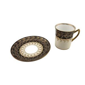 Elizabethan Bone China Black/Gold Lace Demitasse Cup and Saucer England 1950s
